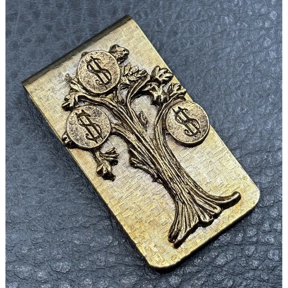 Vintage Money Tree Money Clip Dollar Sign Coins Design Gold Tone